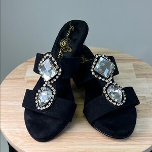 Joan Boyce Black Fancy Sandals with Crystal Accents Size 5.5